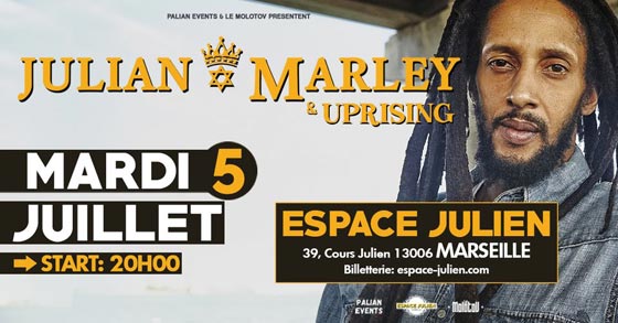 Flyer Julian Marley Mardi 5 Juillet 2022 Espace Julien Marseille